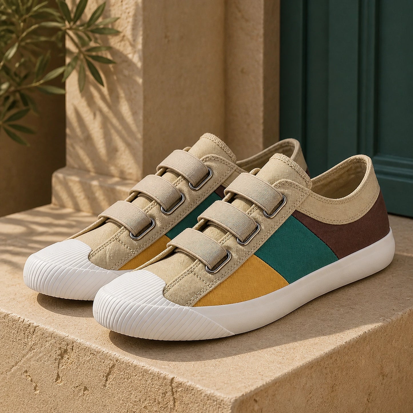 Khaki Multi men's canvas velcro shoes complete front view — view 9