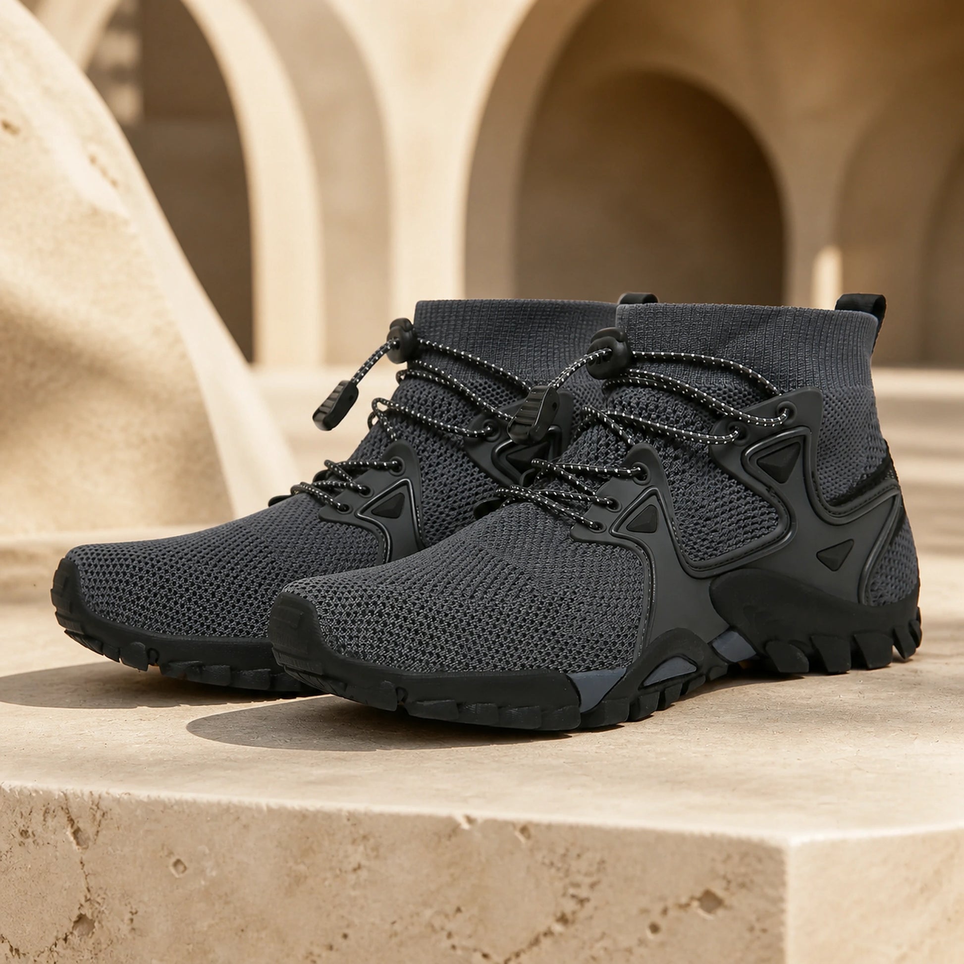 Gray men's rugged high top velcro shoes on a warm architectural set — view 2