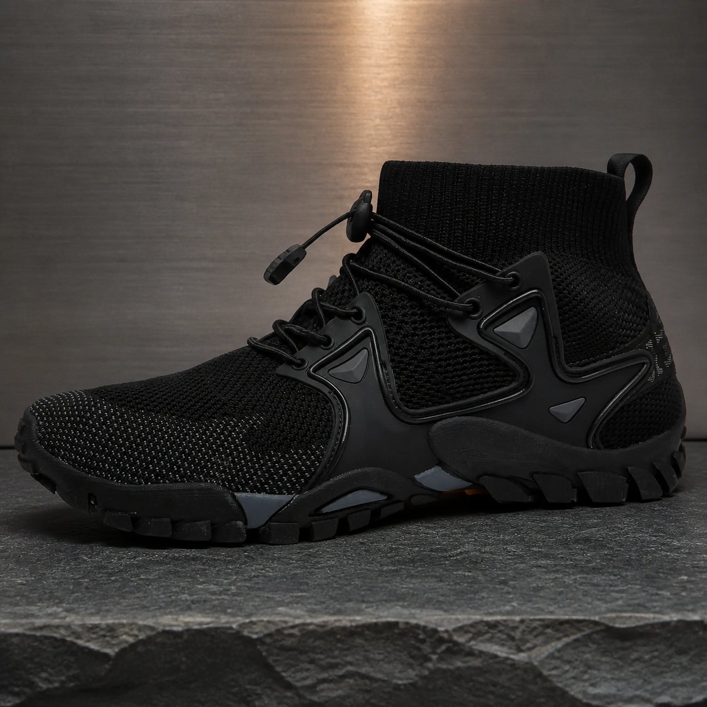 Black high top velcro shoes true side construction view — view 3