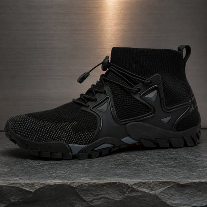Black high top velcro shoes true side construction view — view 3