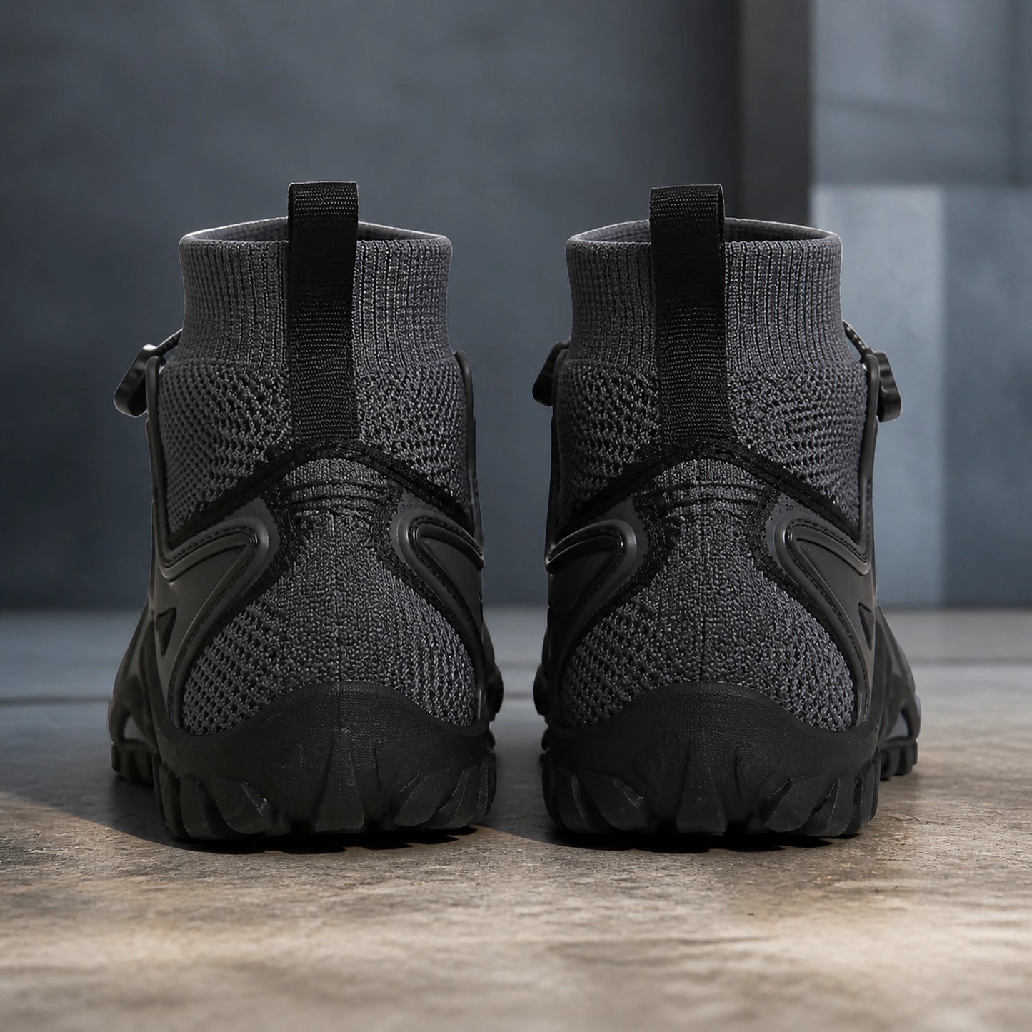 Gray high top velcro shoes direct rear construction view — view 4