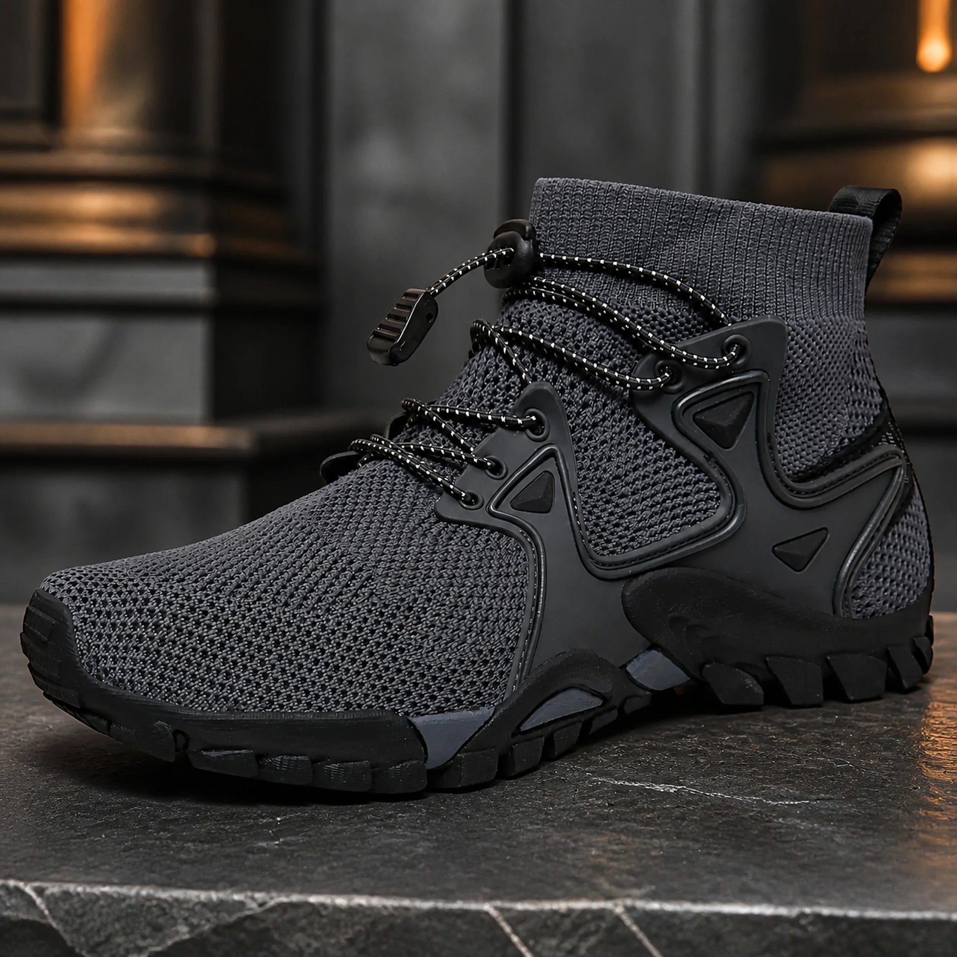 Gray velcro shoes breathable mesh and quick toggle detail — view 5