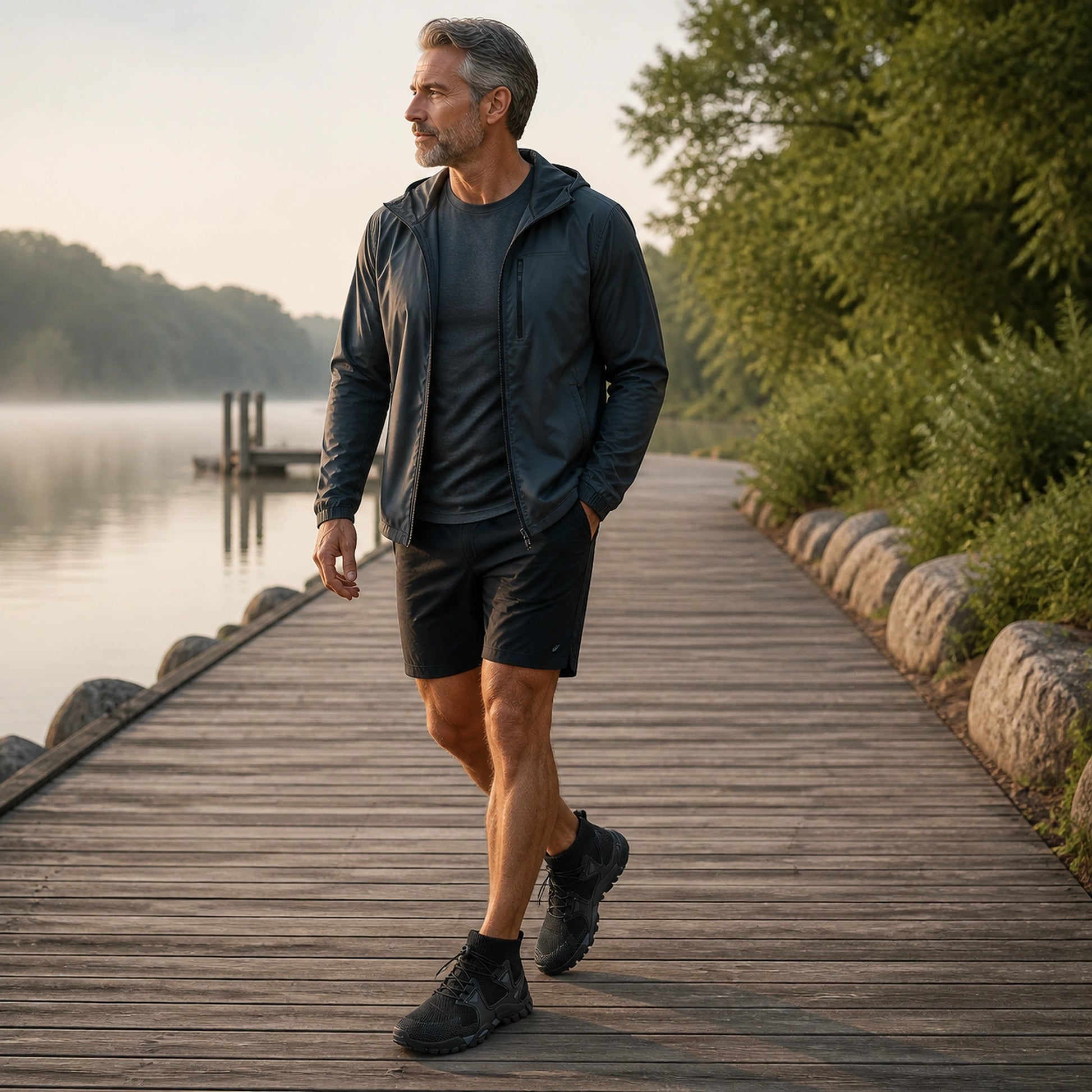 Man in his fifties wearing black velcro shoes on a lakeside walk — view 6