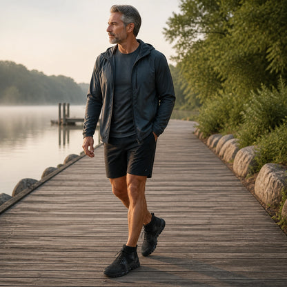 Man in his fifties wearing black velcro shoes on a lakeside walk — view 6