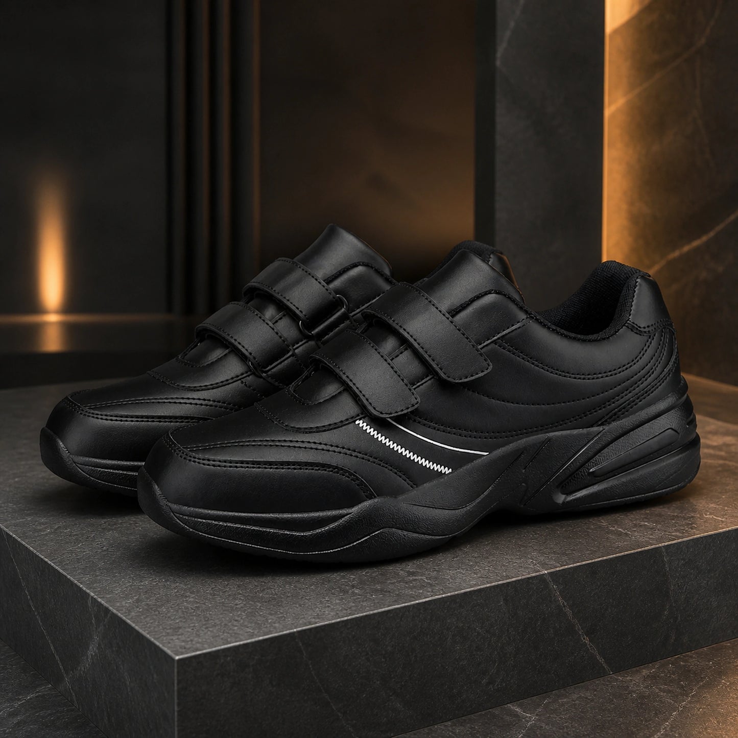 Black men's double strap leather velcro shoes complete front view