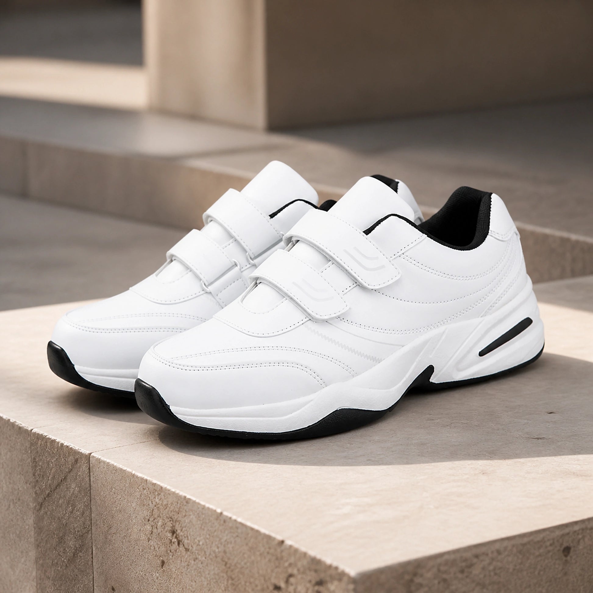 White men's double strap leather velcro shoes complete front view — view 2
