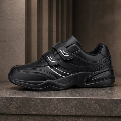 Black leather velcro shoes true side view — view 3