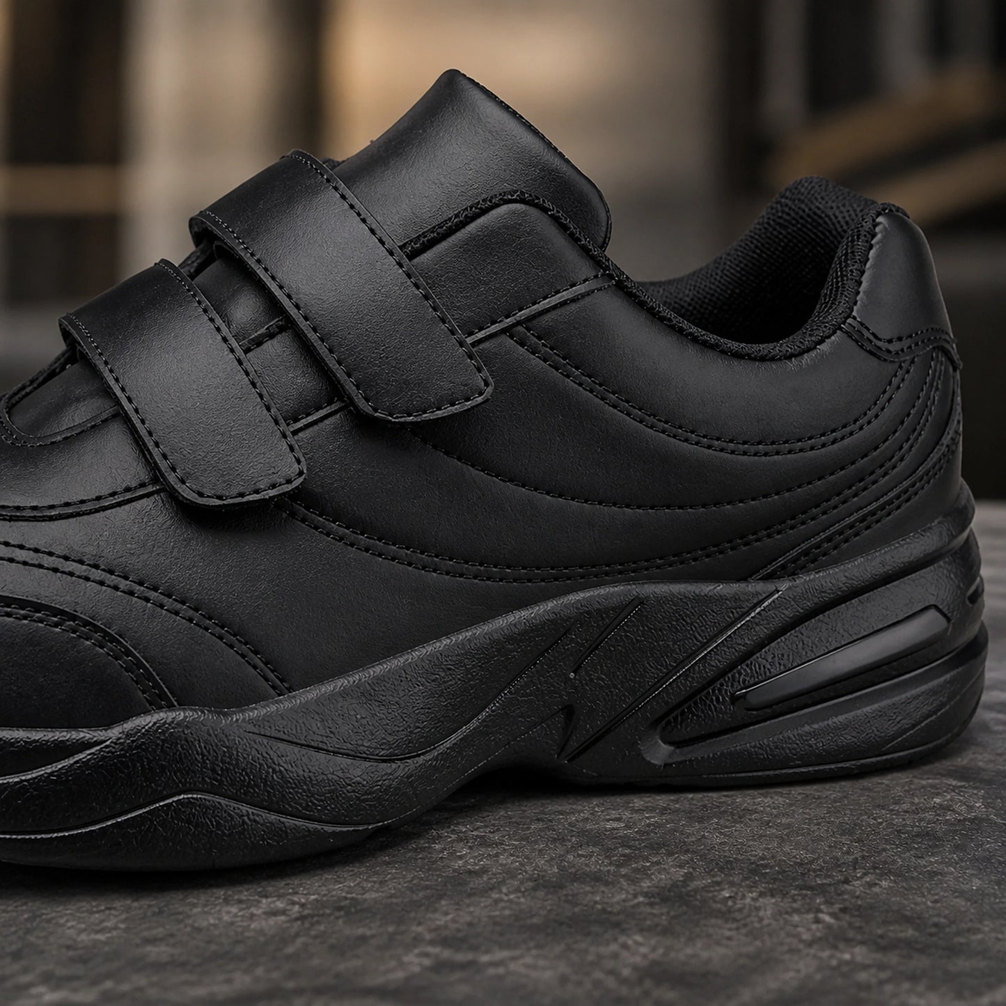 Black leather velcro shoes strap and stitching detail — view 5