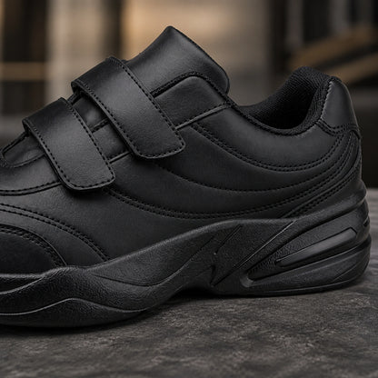 Black leather velcro shoes strap and stitching detail — view 5