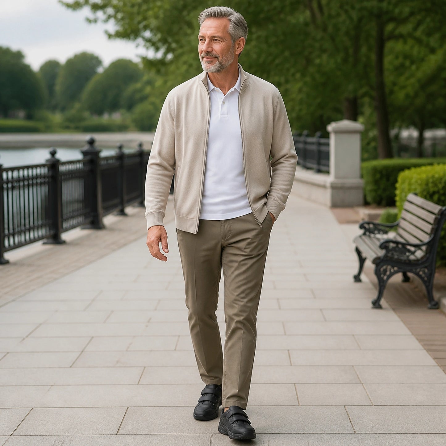 Man in his fifties wearing black leather velcro shoes — view 6