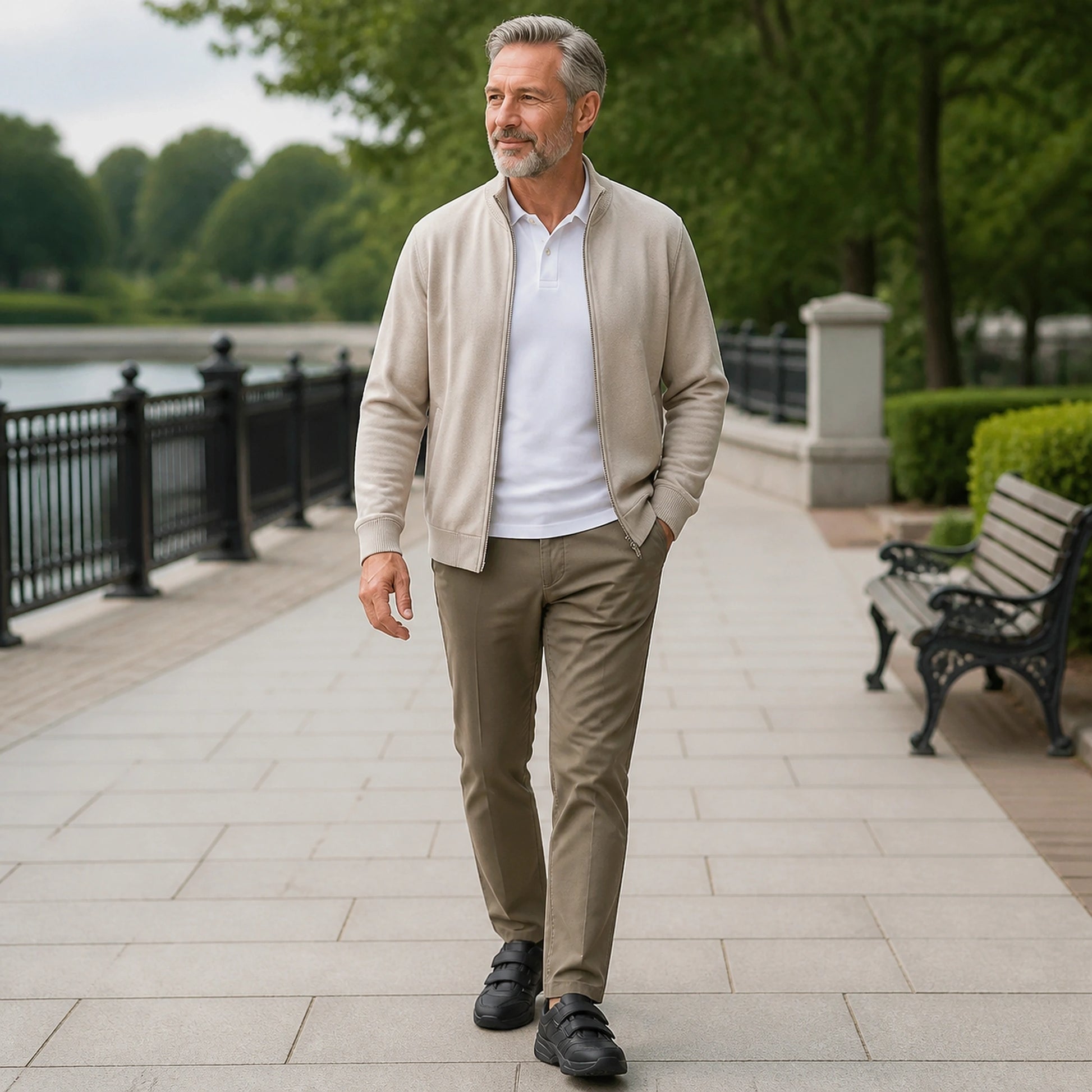 Man in his fifties wearing black leather velcro shoes — view 6