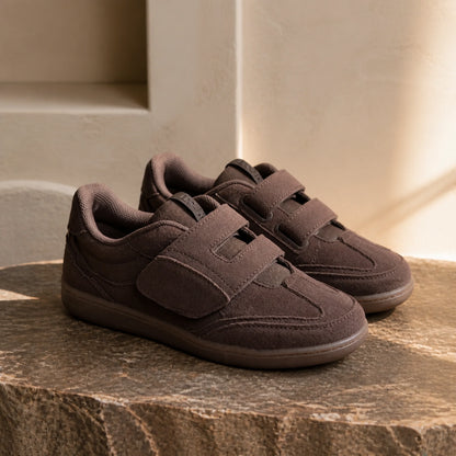 Coffee brown women's retro suede velcro shoes complete front view