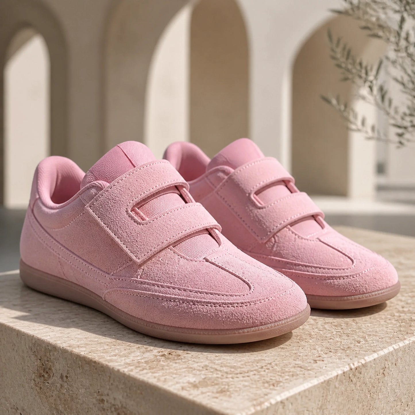 Soft pink women's retro suede velcro shoes complete front view — view 2