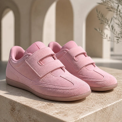 Soft pink women's retro suede velcro shoes complete front view — view 2