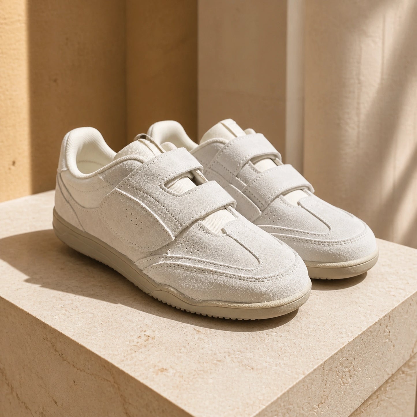 Ivory white women's retro suede velcro shoes complete front view — view 3