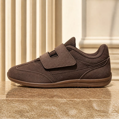 Coffee brown suede velcro shoes true side view — view 4
