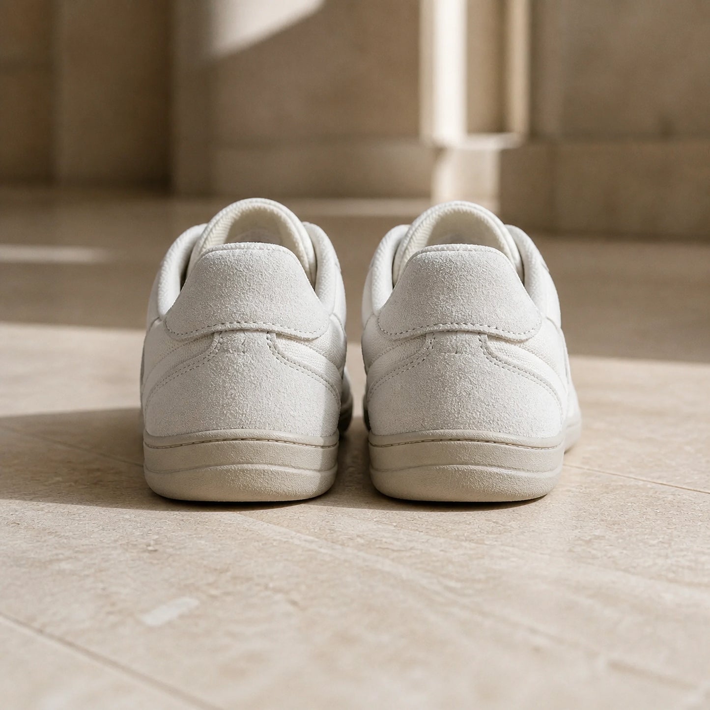 Ivory white suede velcro shoes direct rear view — view 5