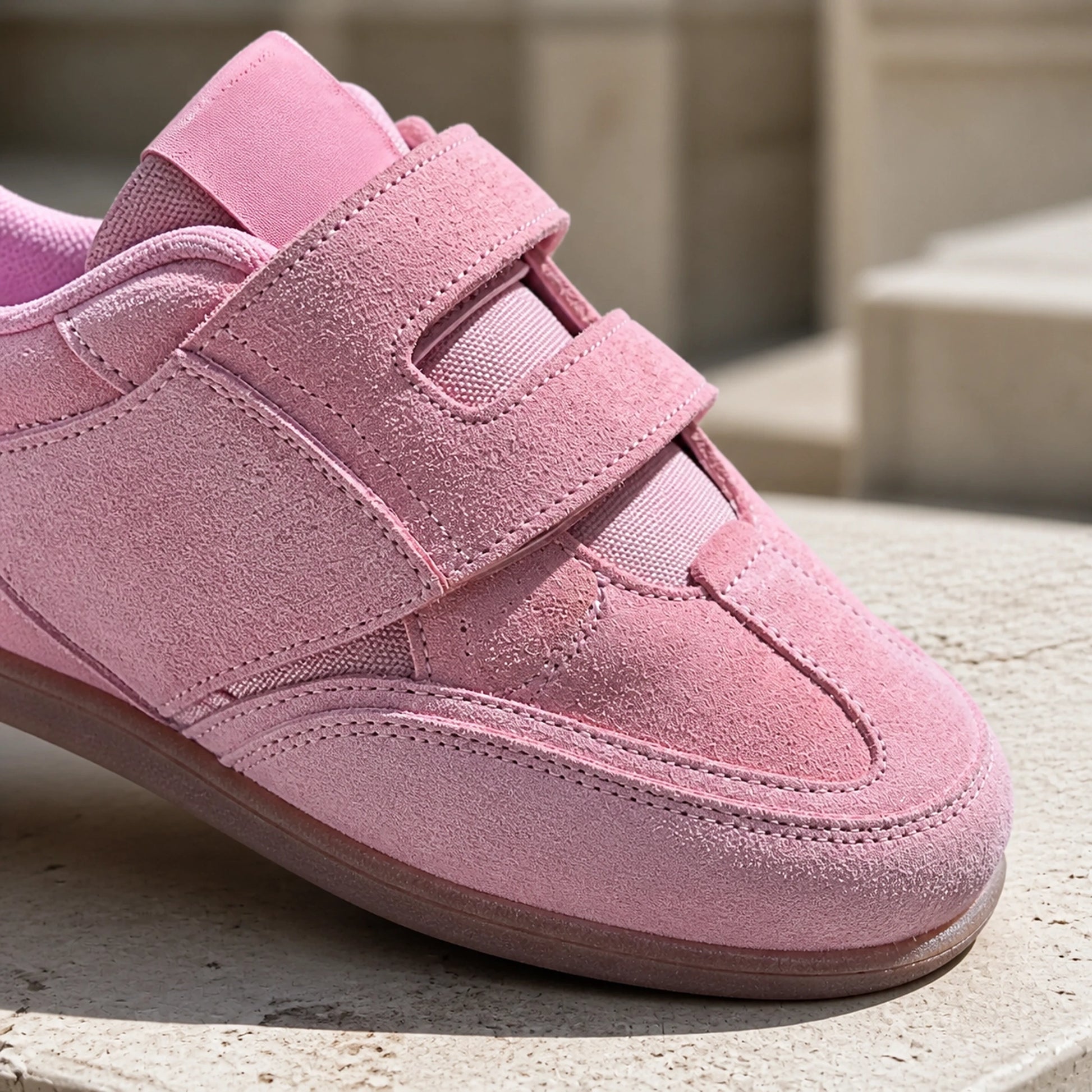 Soft pink suede velcro shoes strap and stitching detail — view 6