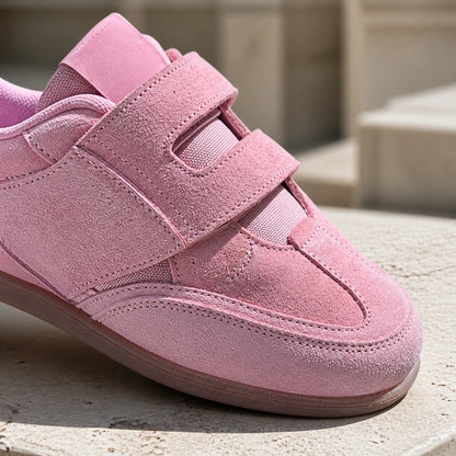 Soft pink suede velcro shoes strap and stitching detail — view 6