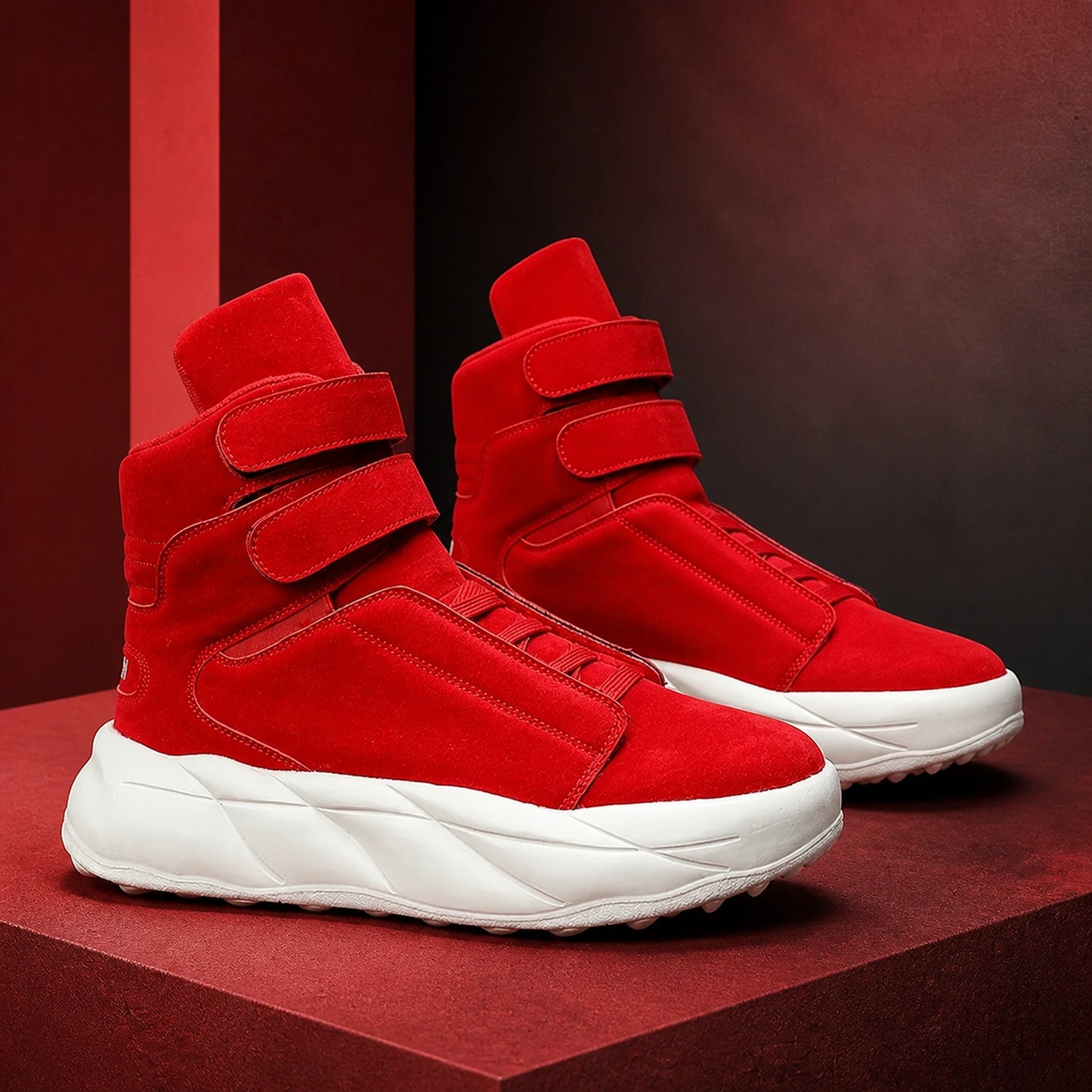 Red men's high top platform velcro shoes on a burgundy set — view 3