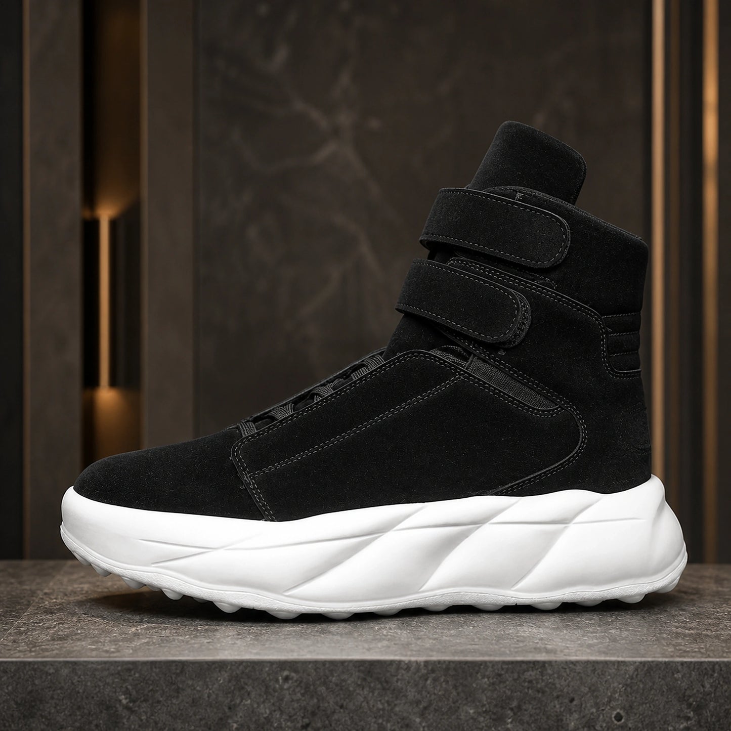 Black platform velcro shoes true side construction view — view 4
