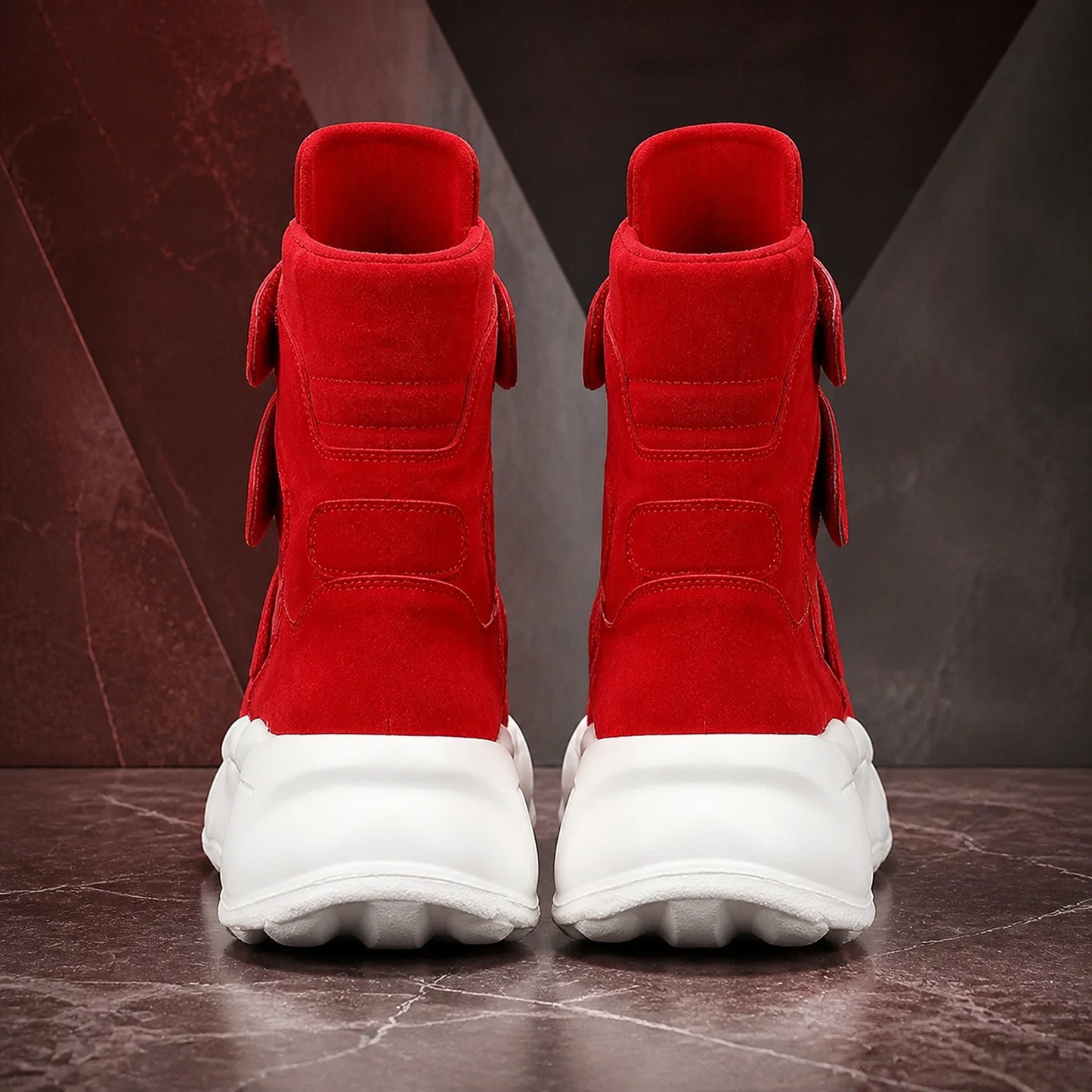 Red platform velcro shoes direct rear construction view — view 5