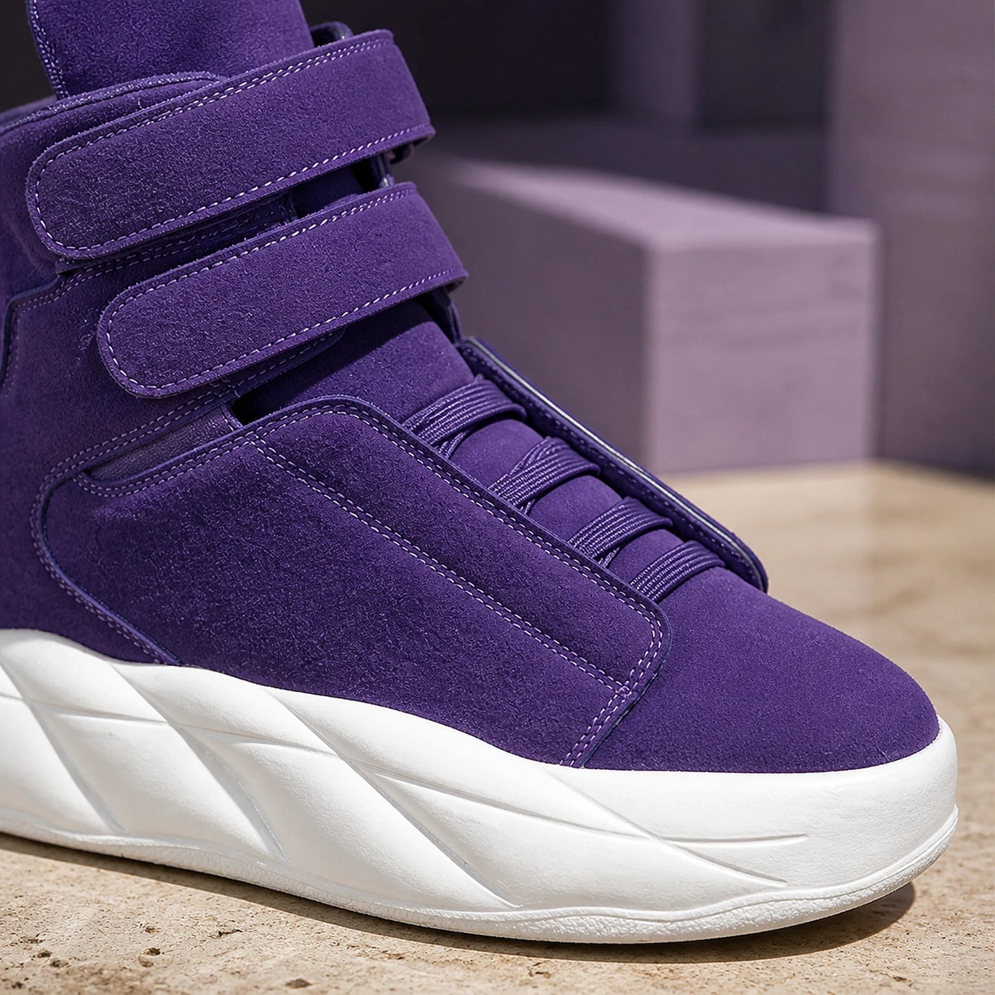 Purple platform velcro shoes material and strap detail — view 6