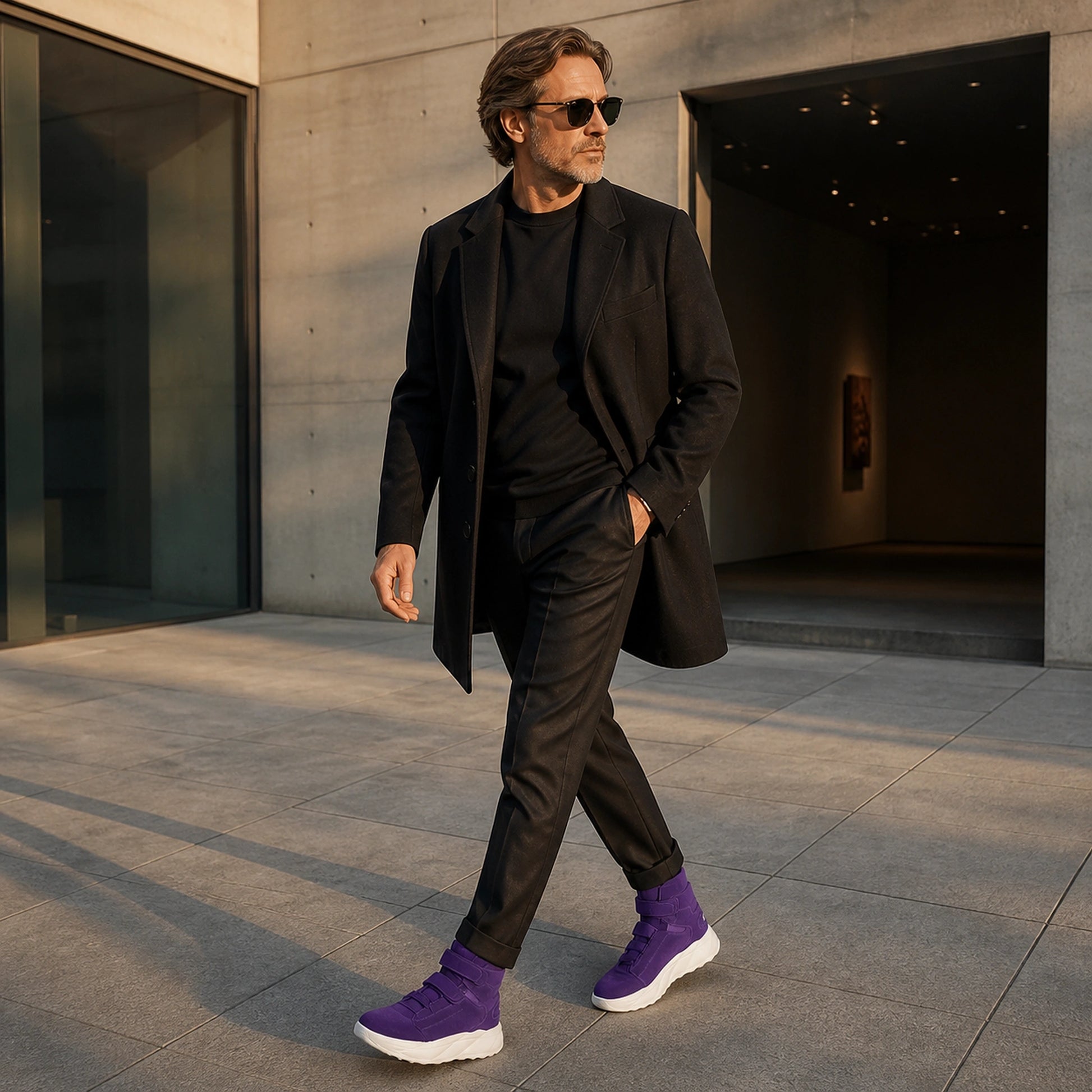 Man in his fifties wearing purple platform velcro shoes — view 7