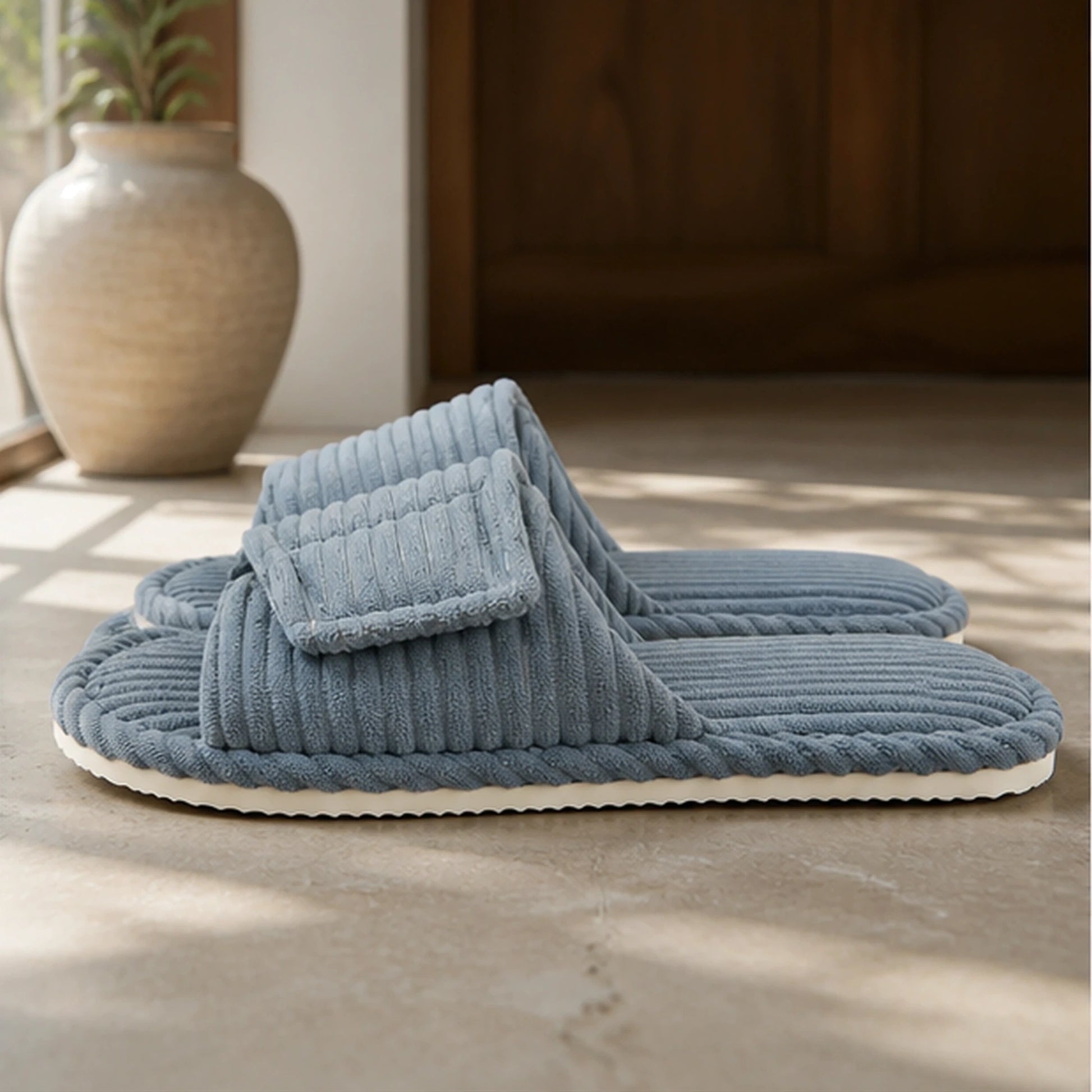 Gray corduroy velcro shoes true side view — view 5