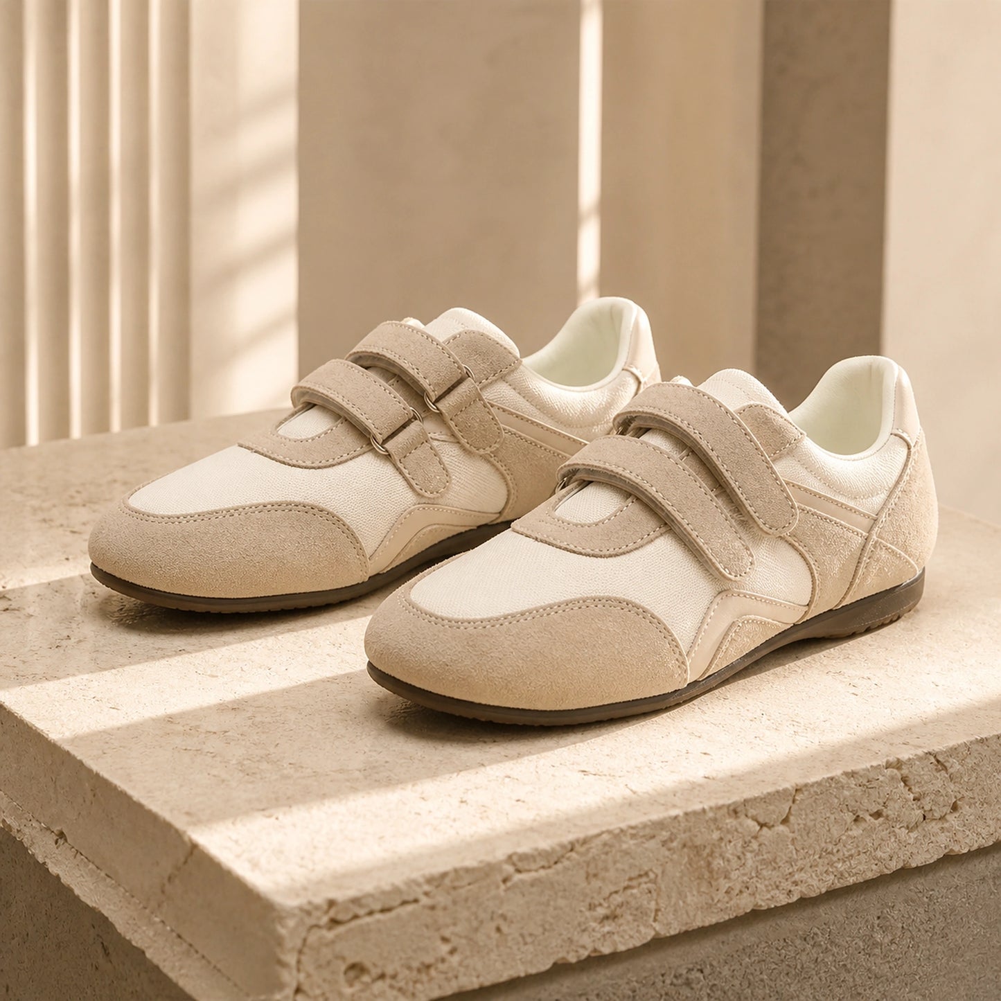 Beige retro suede velcro shoes front view