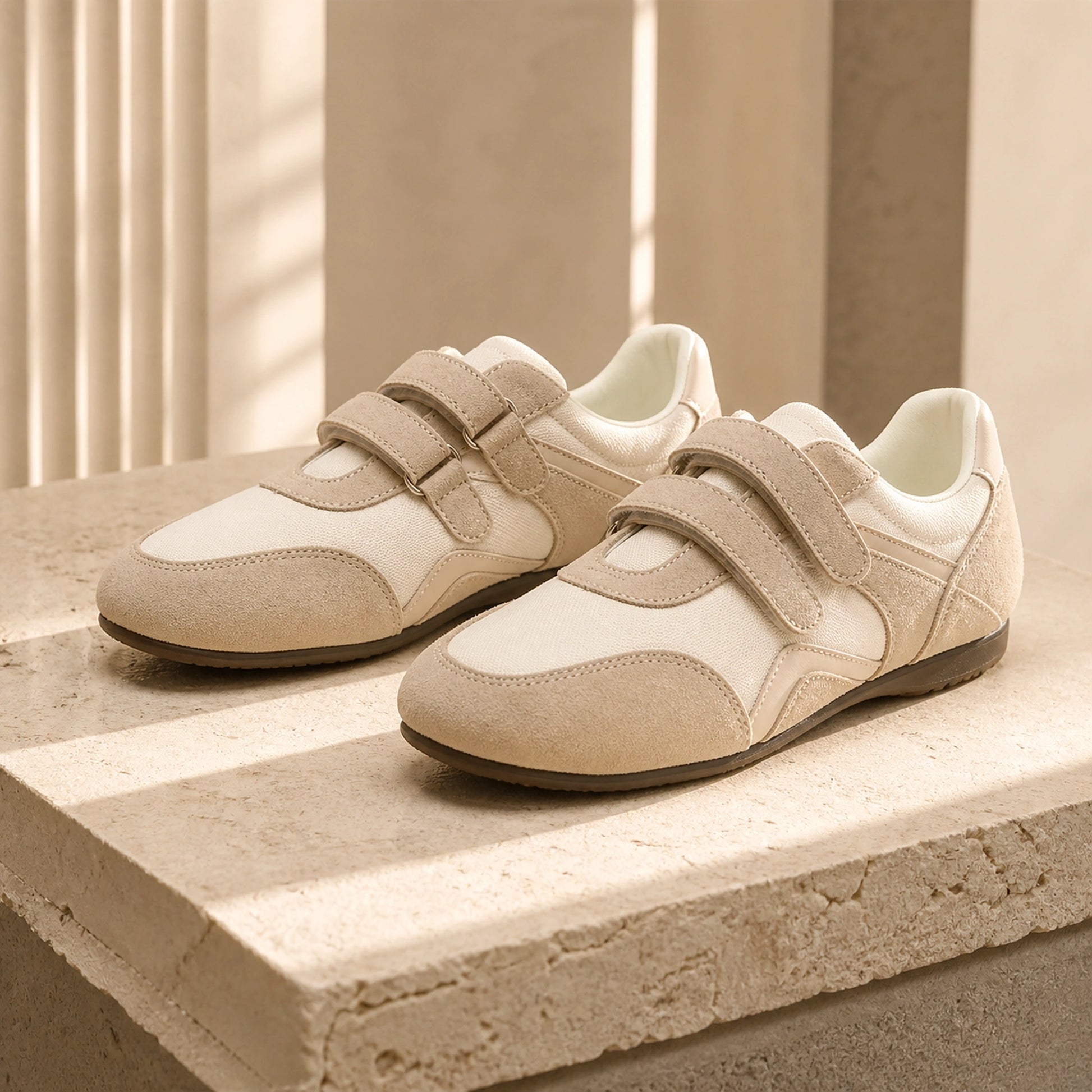 Beige retro suede velcro shoes front view