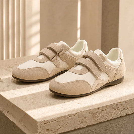 Beige retro suede velcro shoes front view