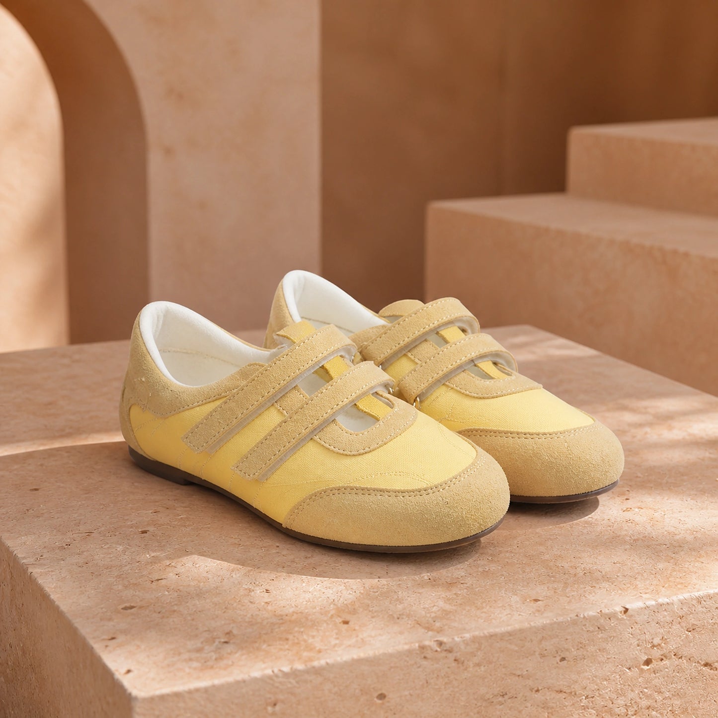 Yellow retro suede velcro shoes front view — view 2