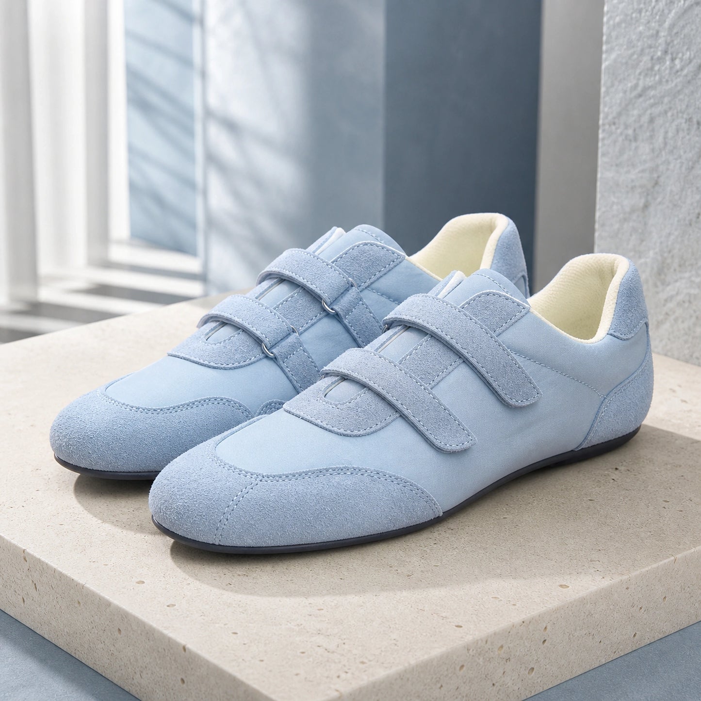 Blue retro suede velcro shoes front view — view 3