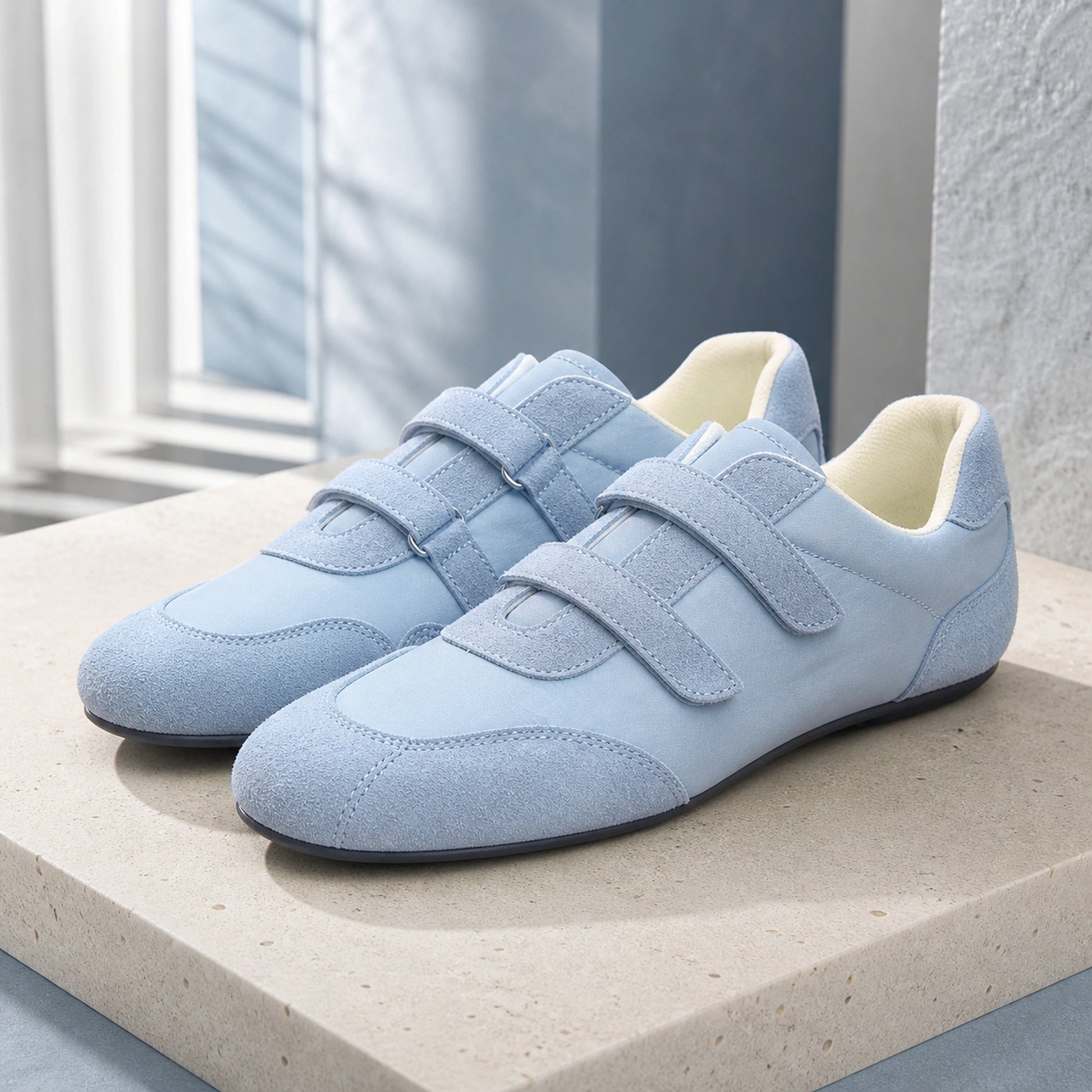 Blue retro suede velcro shoes front view — view 3