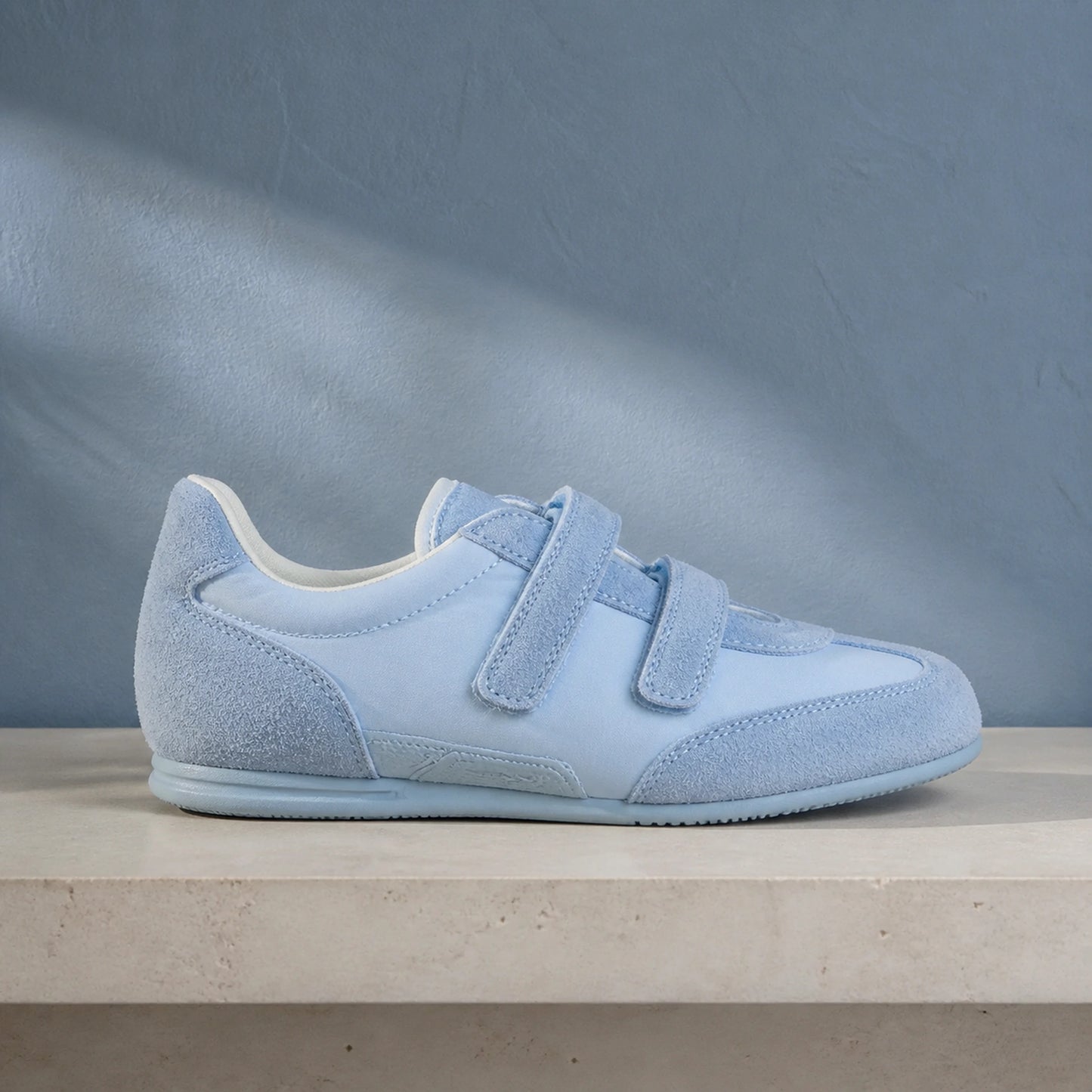velcro shoes — Blue suede velcro shoe true side view — view 4