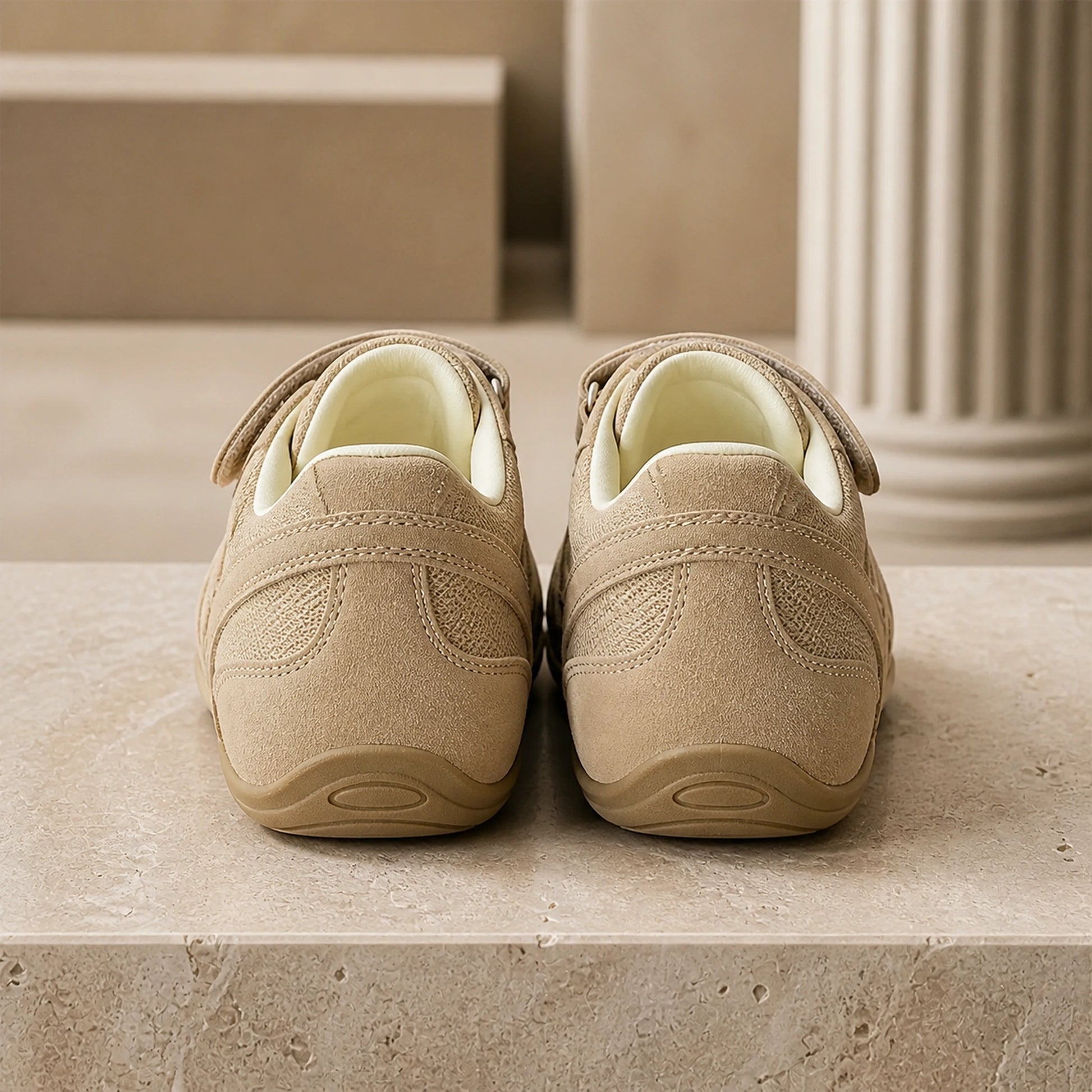 Beige suede velcro shoes rear view — view 5