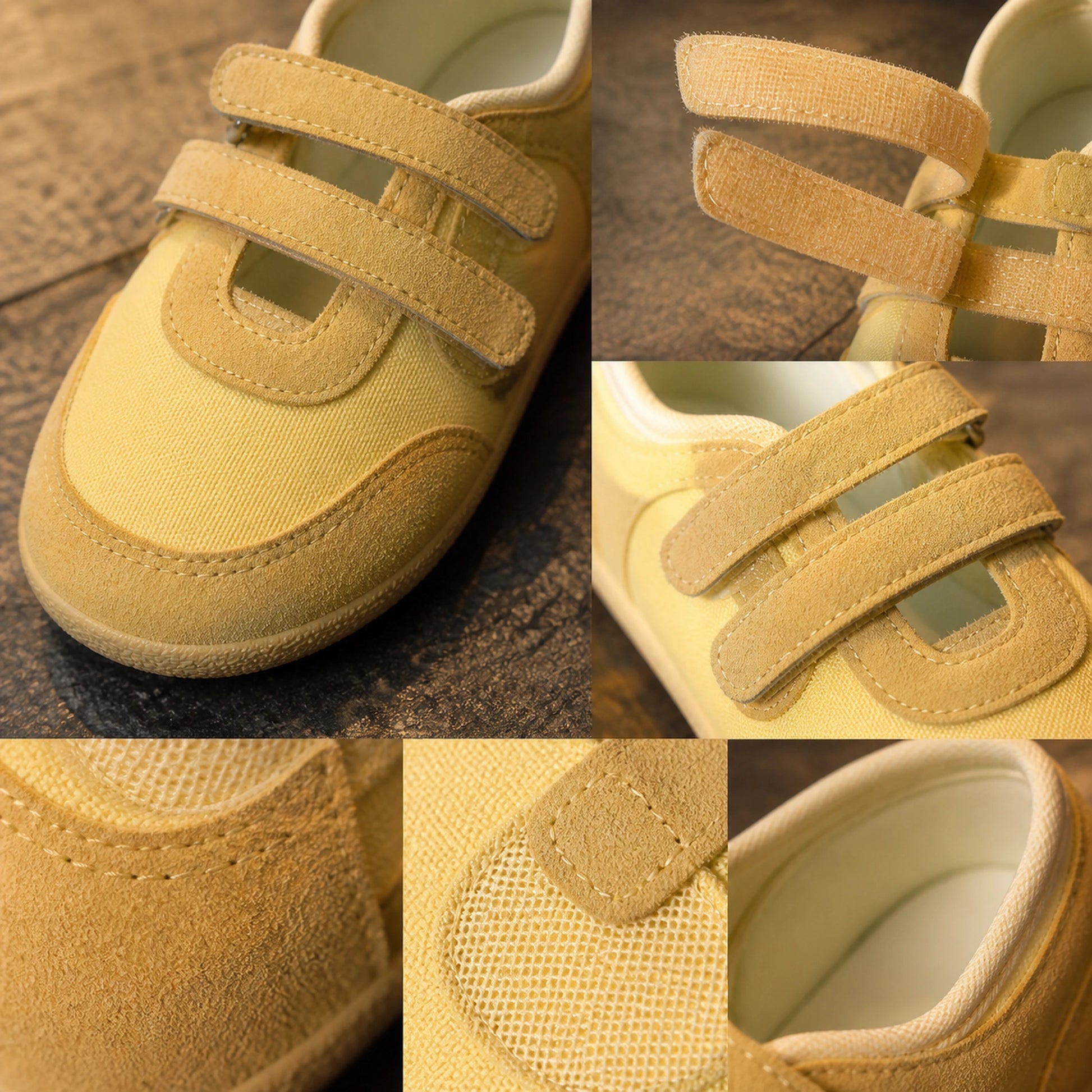 velcro shoes — Yellow suede straps and stitching detail — view 6