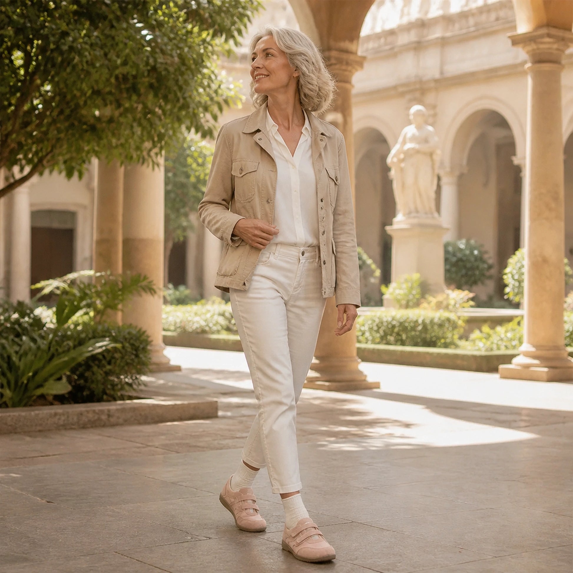 Woman in her fifties wearing beige retro velcro shoes — view 7