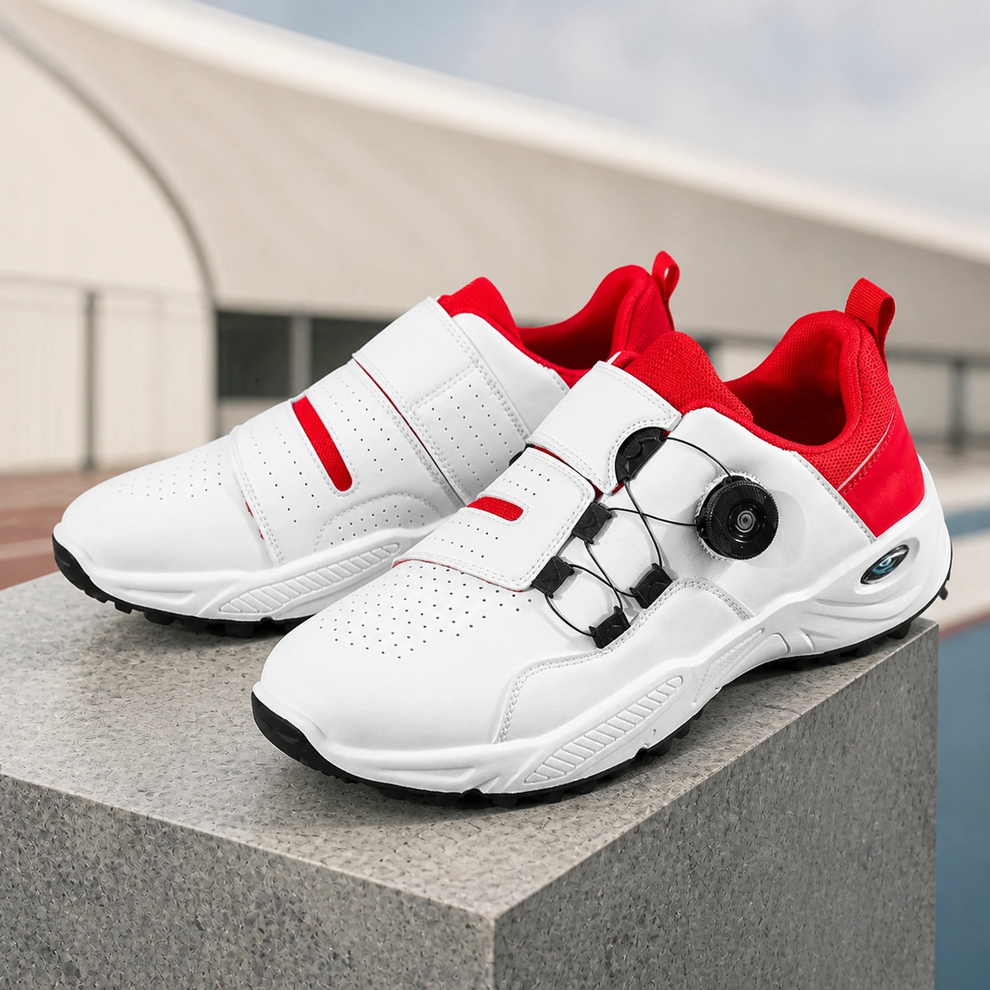 White and red rotary dial velcro shoes front view — view 2