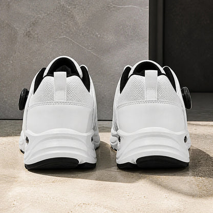 White and black rotary dial velcro shoes rear view — view 5