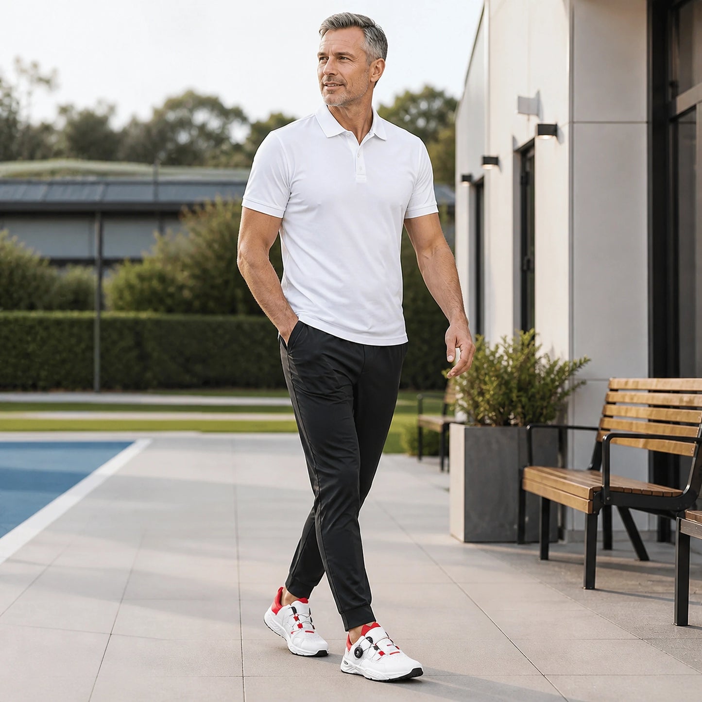 Man in his fifties wearing white and red velcro shoes — view 7