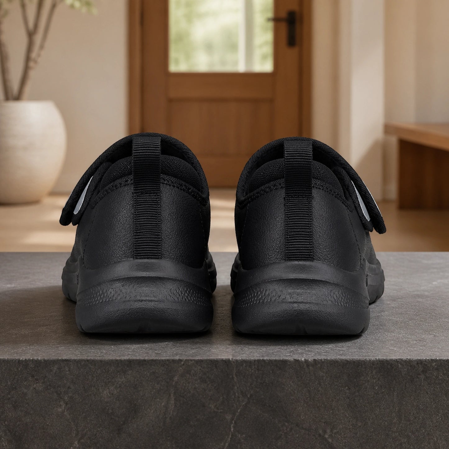 Black unlined men's wide fit velcro shoes direct rear view