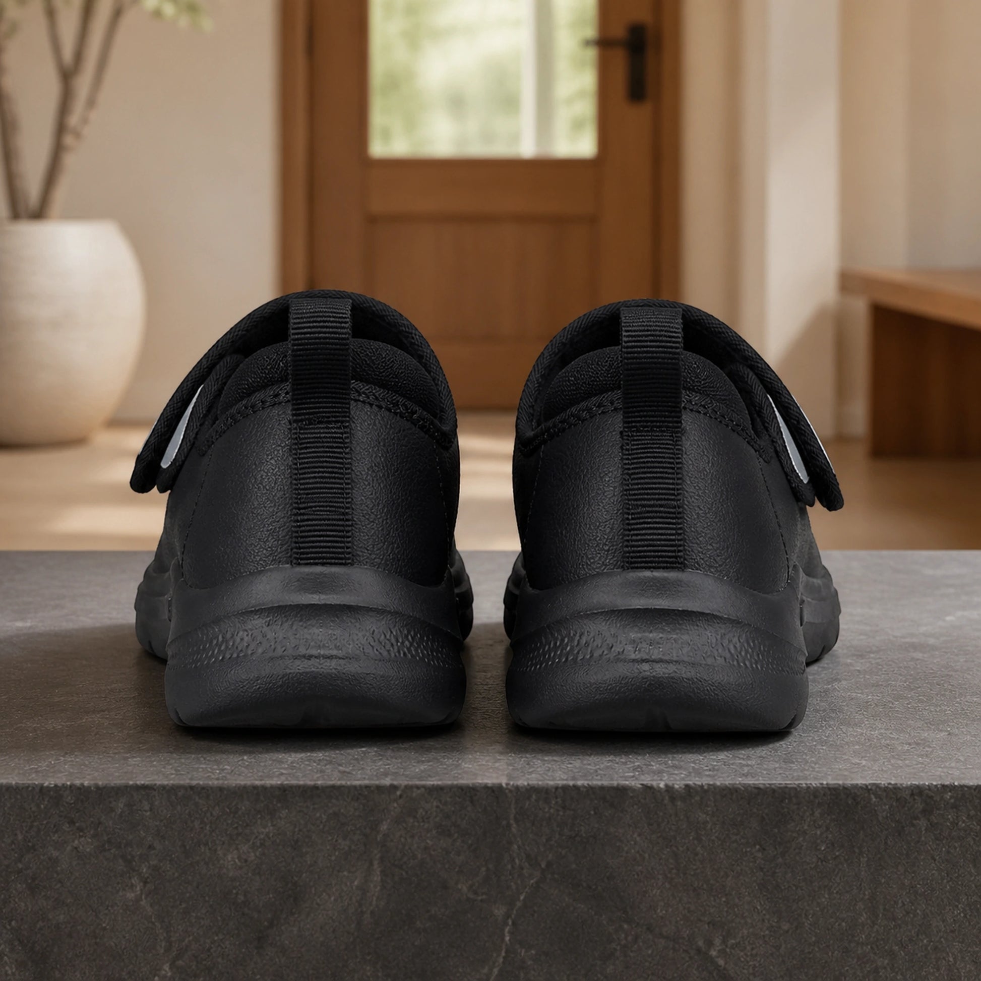 Black unlined men's wide fit velcro shoes direct rear view