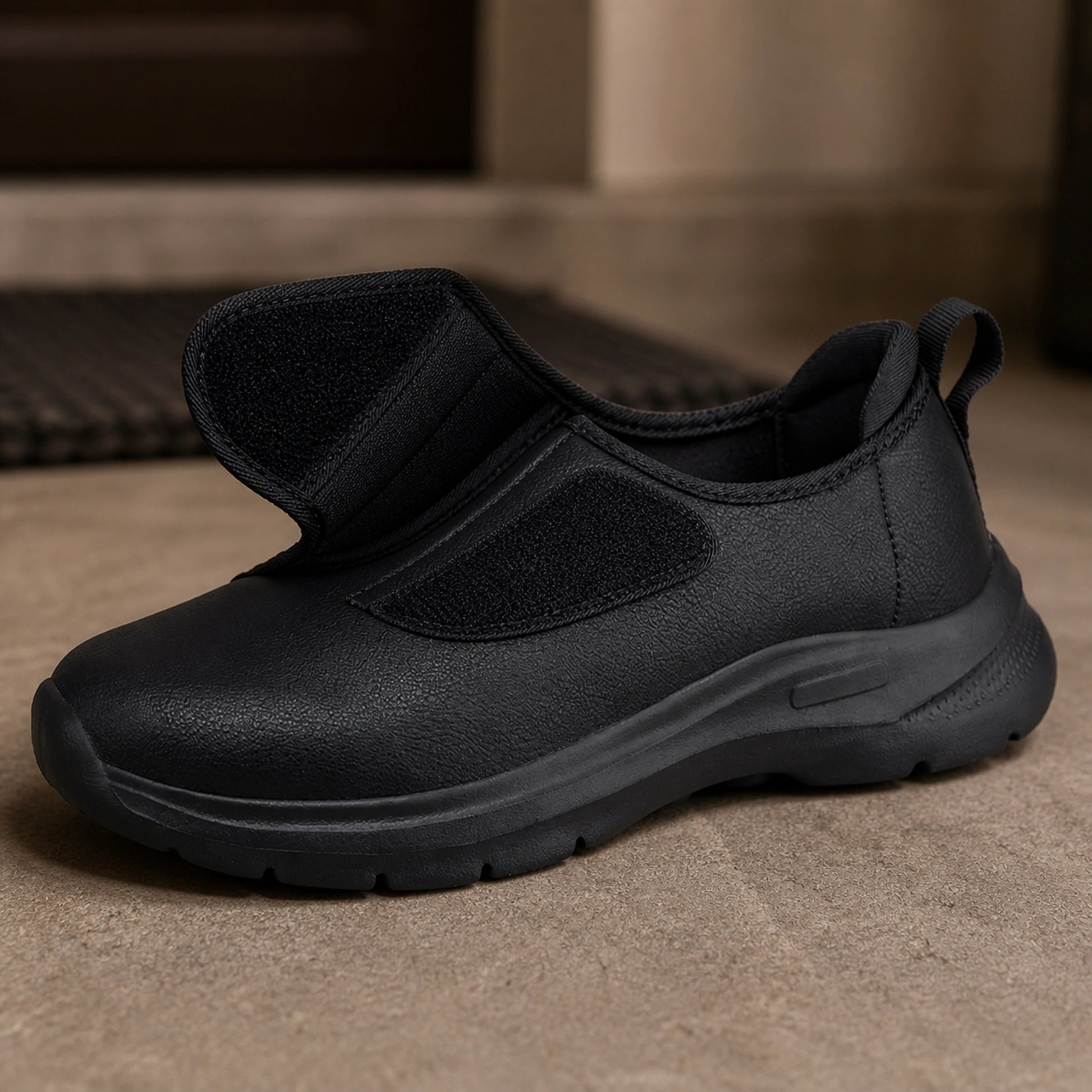 Black unlined wide fit velcro shoes closure detail — view 2