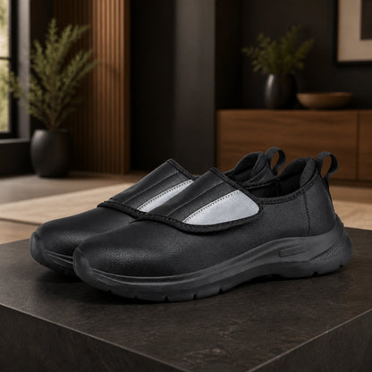 Black unlined men's velcro shoes complete front view — view 4