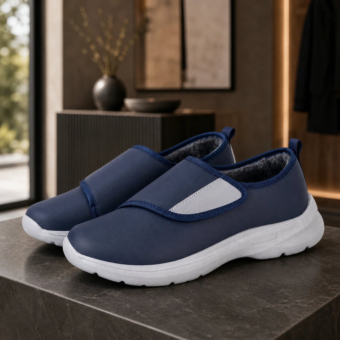 Navy plush lined men's velcro shoes complete front view — view 5