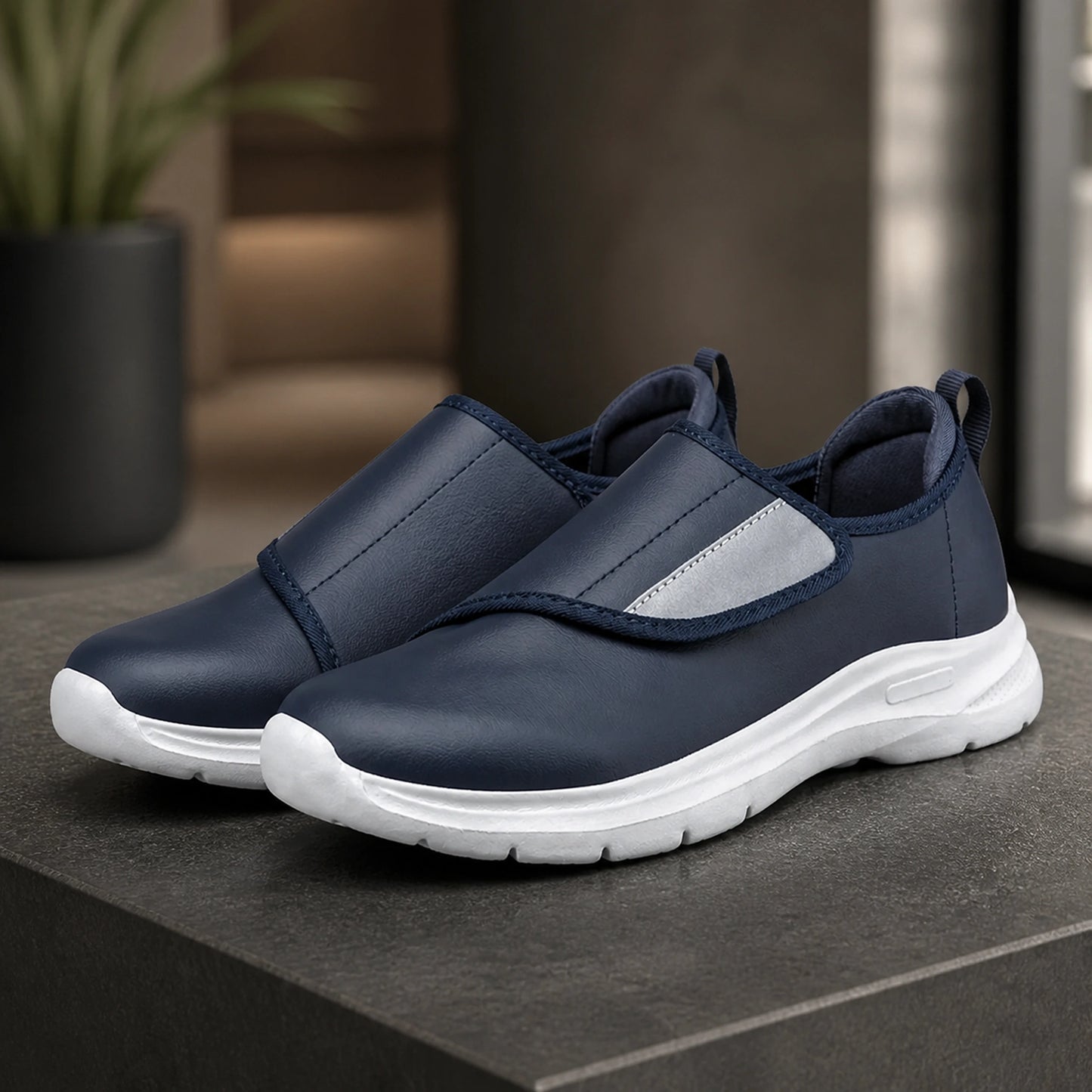 Navy unlined men's velcro shoes complete front view — view 6