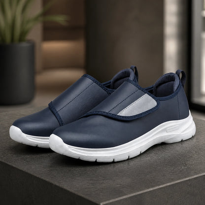 Navy unlined men's velcro shoes complete front view — view 6