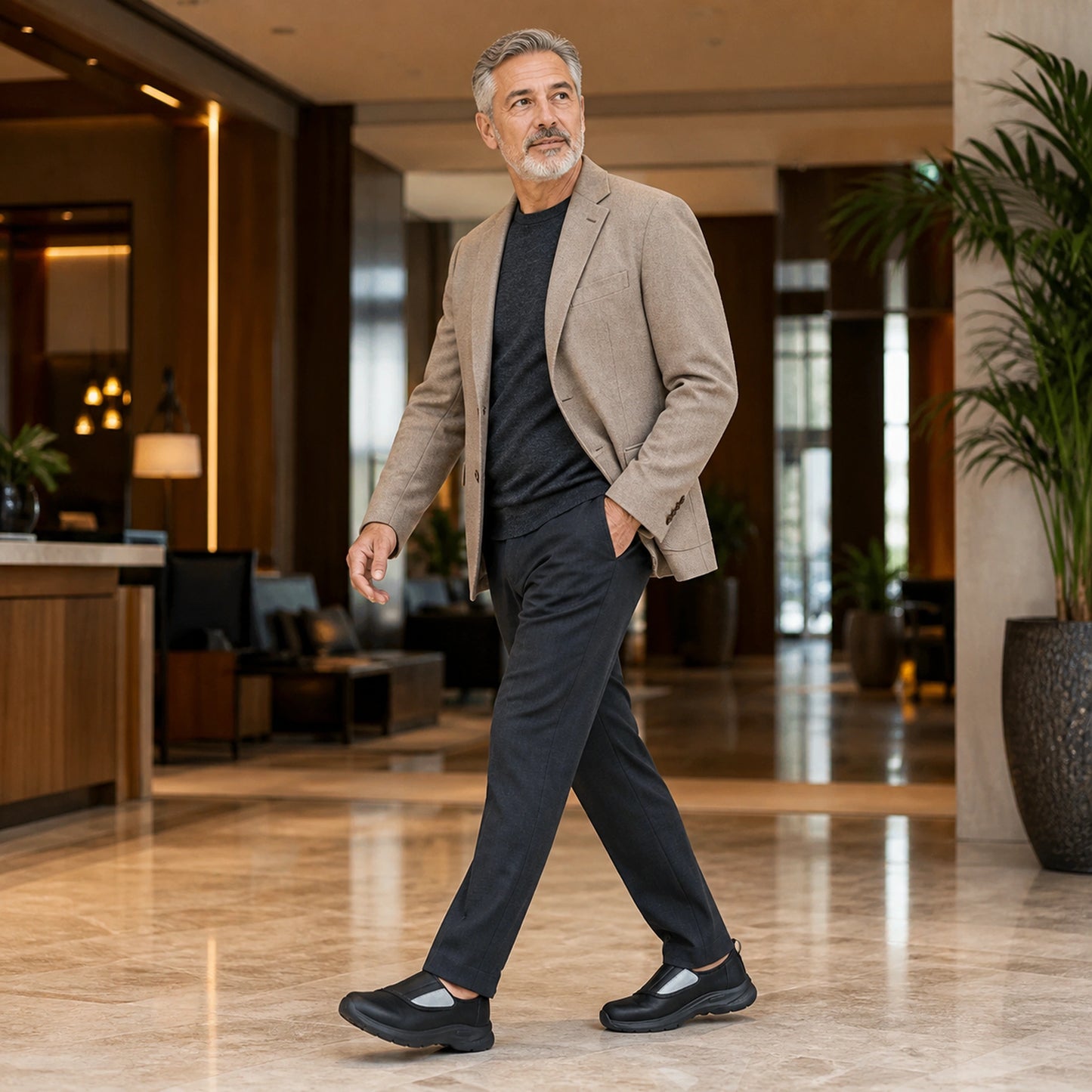 Man in his fifties wearing black wide fit velcro shoes — view 7